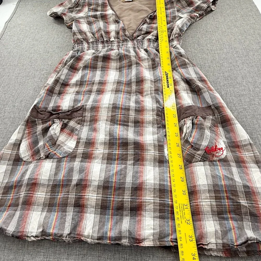 Billabong Vintage Plaid Dress Lined Low V-Neck Short Sleeve 100% Cotton Large - Picture 8 of 14